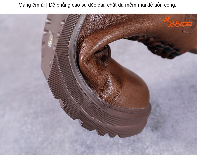 Boot Nữ Da Bò Cổ Ngắn Dây Buộc Chiều Cao Đế Khoảng 5cm Màu Nâu, Đen chi tiết 7