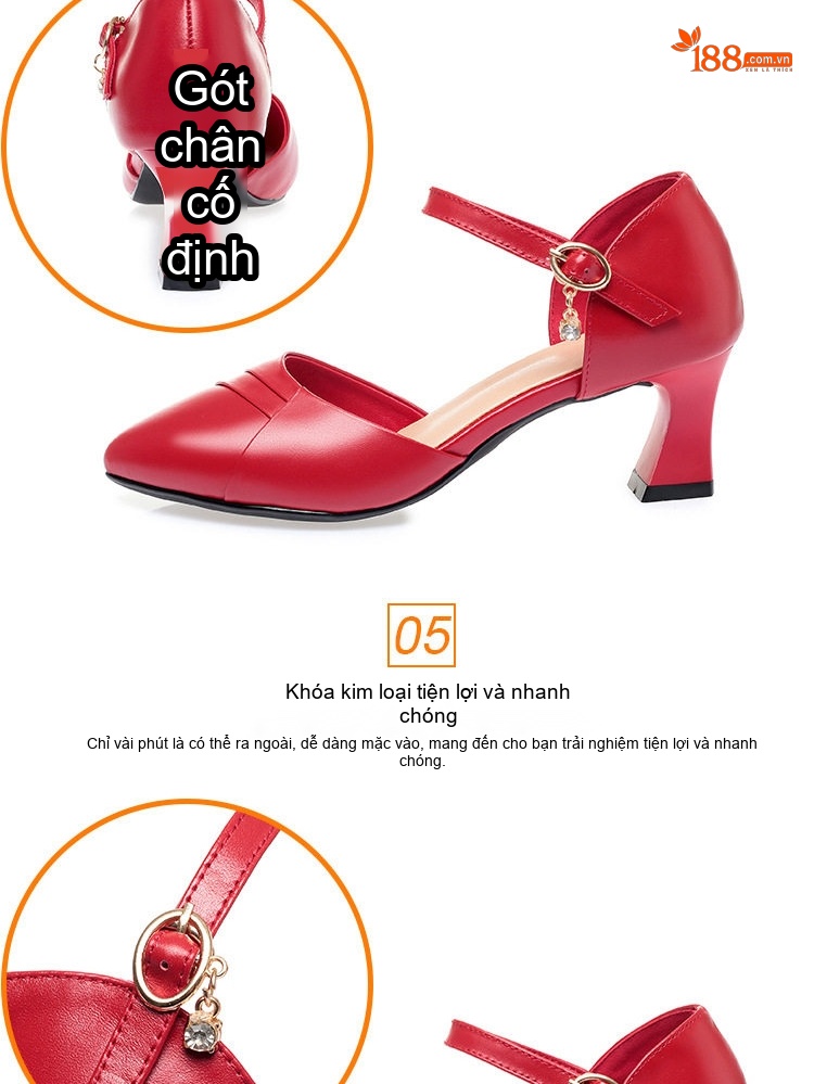 Giày Sandal Cao Gót Nữ Bít Mũi Quai Ngang Gót Vuông Da Bóng Gót Cao 7cm - 8cm Màu Đỏ, Kem, Đen chi tiết 3