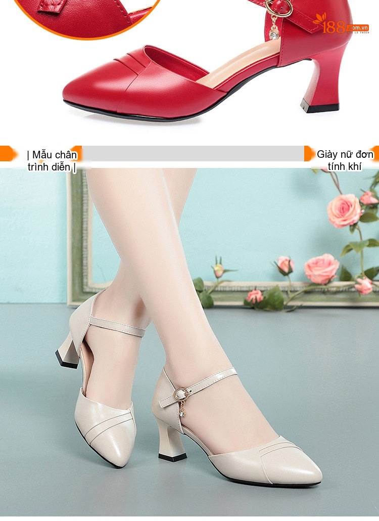 Giày Sandal Cao Gót Nữ Bít Mũi Quai Ngang Gót Vuông Da Bóng Gót Cao 7cm - 8cm Màu Đỏ, Kem, Đen chi tiết 4
