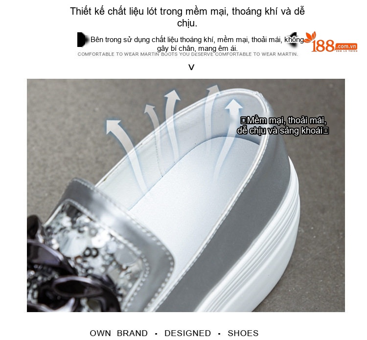 Giày Lười Nữ Đế Bánh Mì Da Bóng Lấp Lánh Chiều Cao Đế 8cm Màu Đen, Bạc chi tiết 7