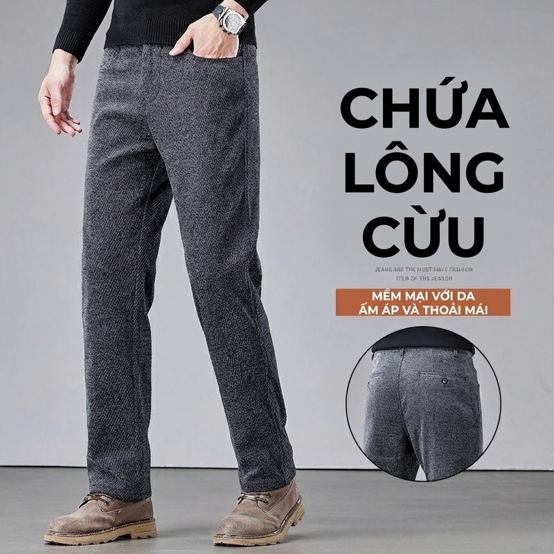 Quần Dài Nam Cotton Lông Cừu Co Giãn Dáng Ôm Vừa Màu Xám, Nâu, Đen