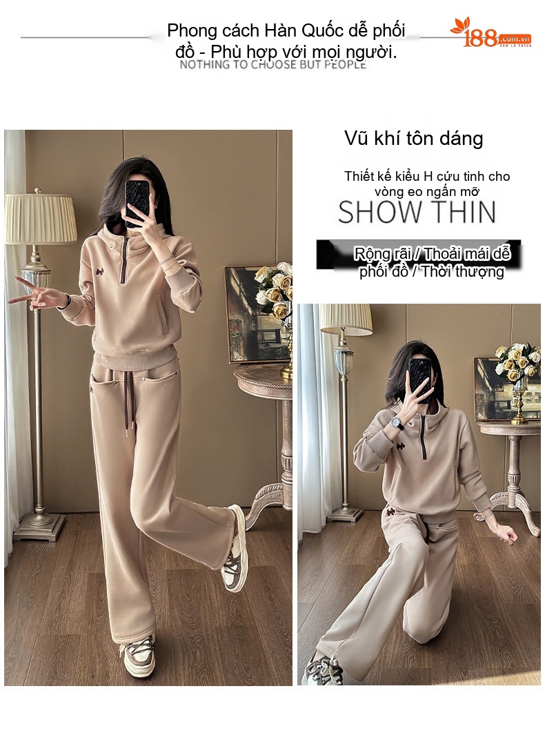 Bộ Đồ Thu Đông Nữ Áo Hoodie Quần Ống Rộng Phong Cách Hàn Quốc Màu Nâu, Be chi tiết 2