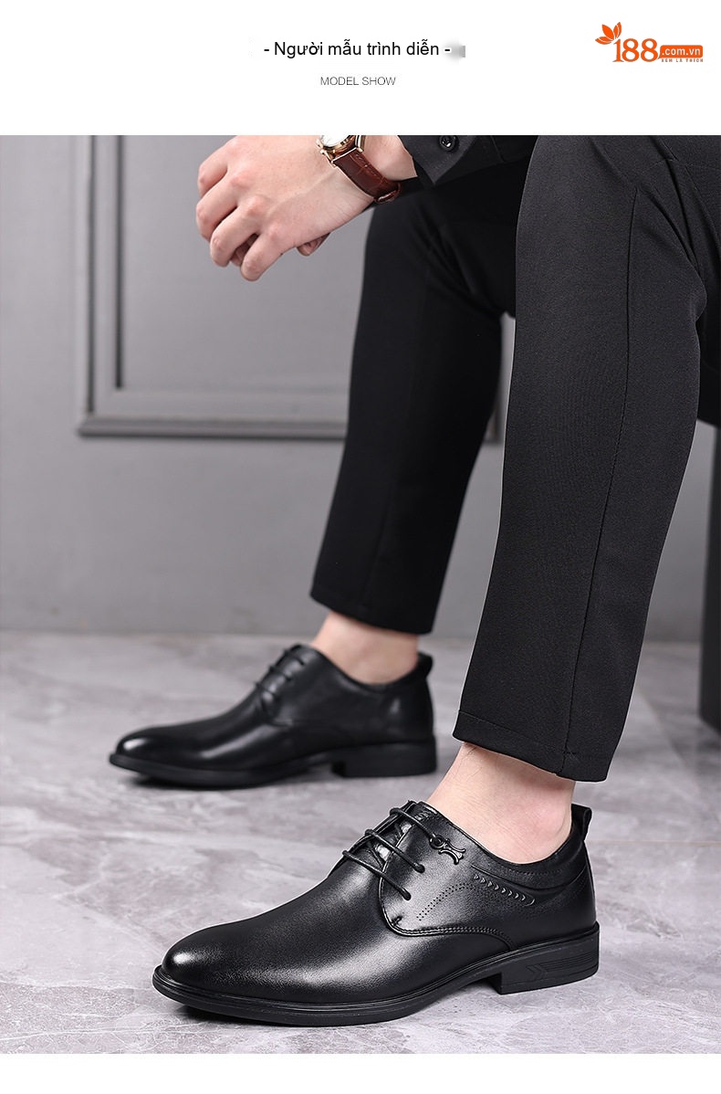 Giày Tây Buộc Dây Nam Da Bò Mũi Nhọn Chiều Cao Đế Khoảng 3cm Màu Đen chi tiết 13