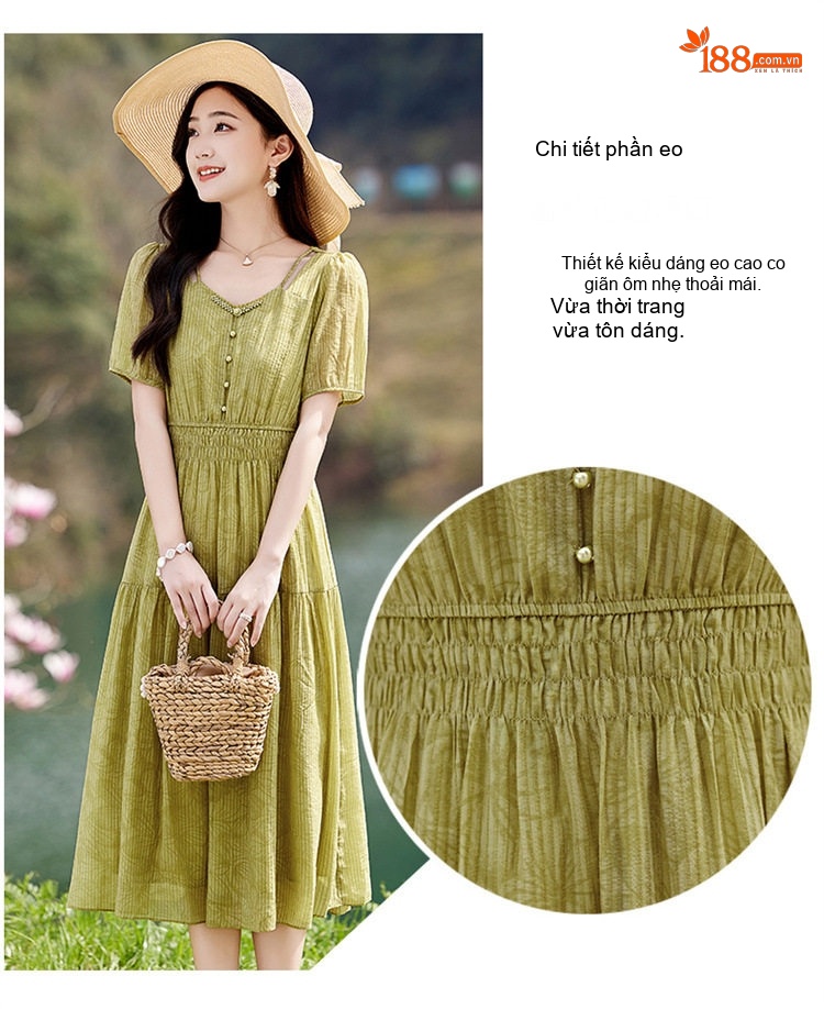 Váy Midi Nữ Tay Ngắn Thiết Kế Thanh Lịch Thoáng Mát Màu Be, Xanh Lá chi tiết 9