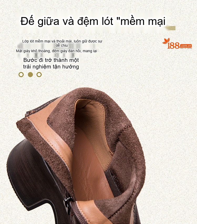 Boot Nữ Cổ Ngắn Da Bò Đế Xuồng Chiều Cao Đế Khoảng 6cm Phong Cách Retro Màu Đen, Nâu chi tiết 7