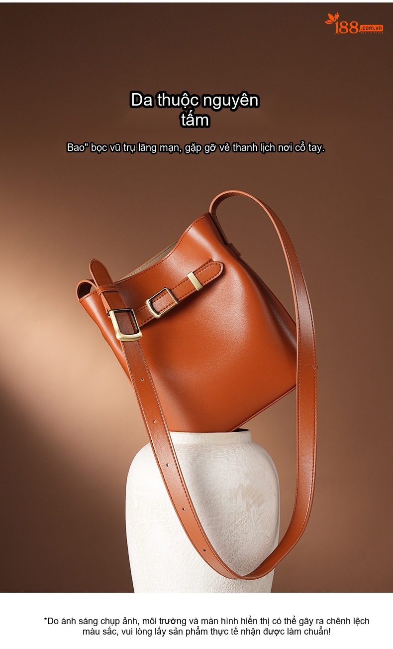 Túi Đeo Vai Nữ Da Thật Dáng Bucket Vintage Màu Nâu, Trắng chi tiết 1