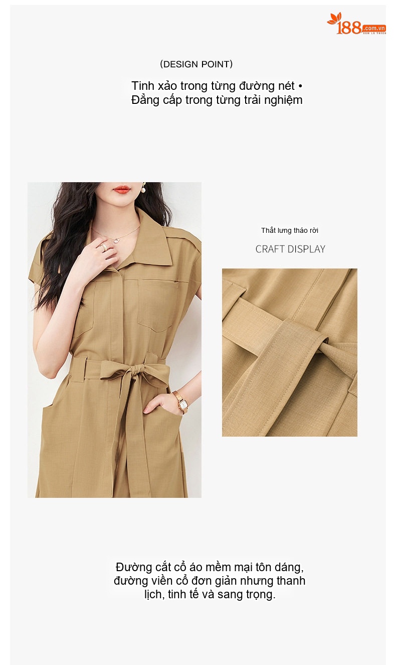 Váy Suông Nữ Công Sở Cổ Bẻ Tay Cộc dáng chữ A Chiết Eo Màu Nâu, Đen chi tiết 2