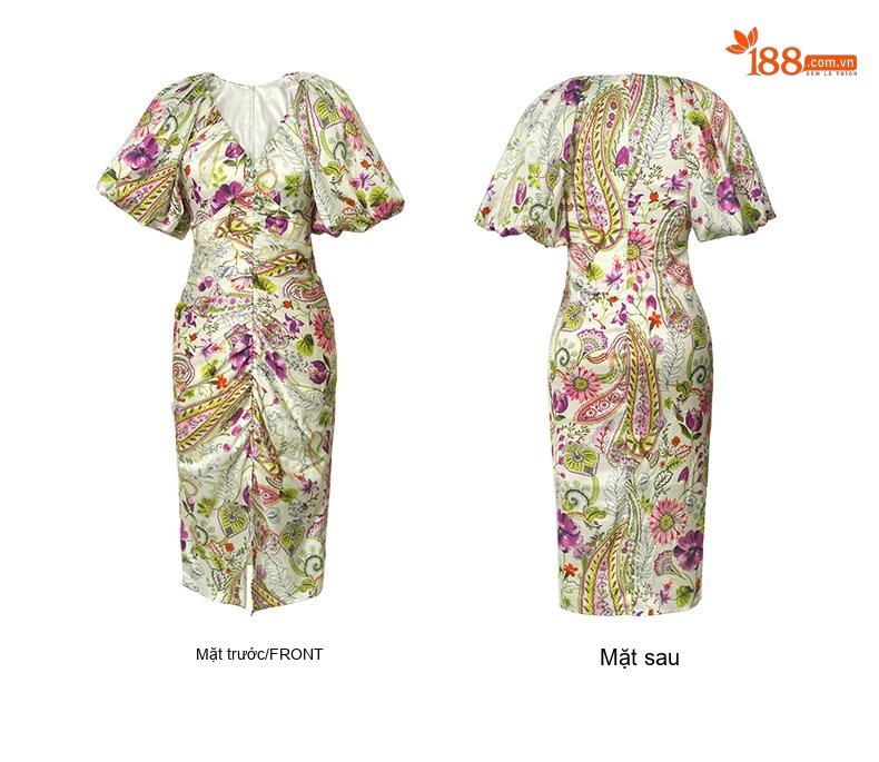 Váy liền thân Nữ Cổ chữ V Tay Bồng Họa Tiết Hoa Nhí Dáng Ôm Thanh Lịch chi tiết 5