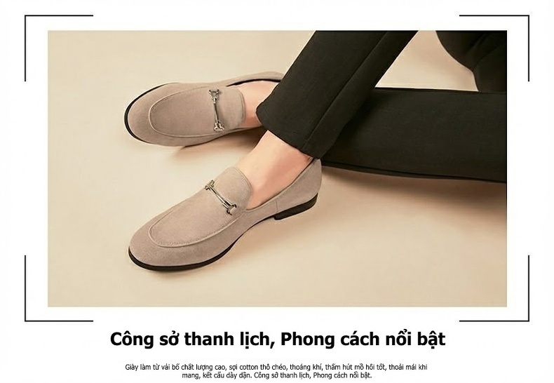 Giày Lười Nam Da Lộn Chiều Cao Đế Khoảng 2cm Phong Cách Anh Quốc Màu Đen, Kem chi tiết 11