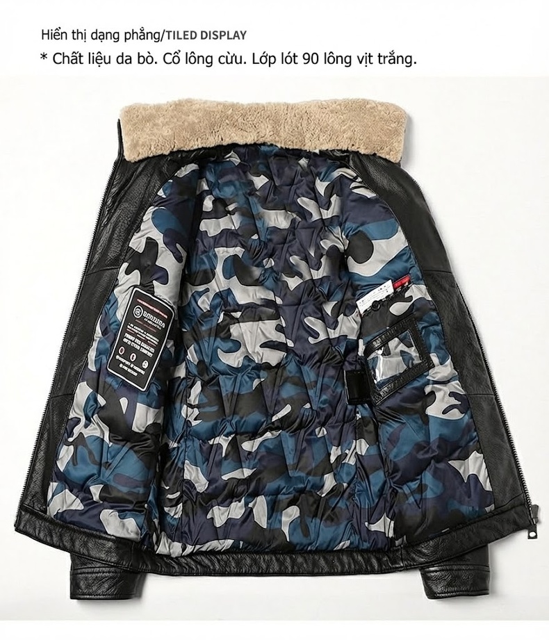 Áo Khoác Da Bò Nam Lót Lông Cổ Ấm Áp Dáng Bomber Màu Đen chi tiết 10