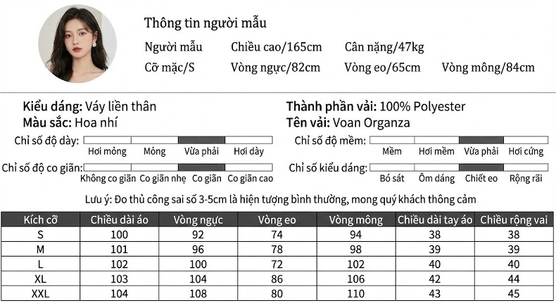 Váy liền thân Nữ Cổ Tròn Tay Bồng Họa Tiết Hoa Xòe Pháp Cổ Điển Màu Hồng, Trắng, Đỏ chi tiết 2