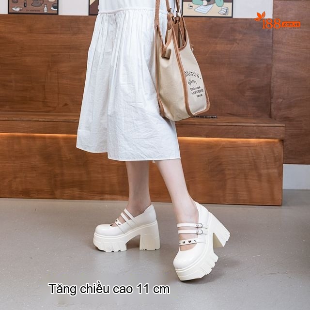 Giày Mary Jane Nữ Da Bóng Chiều Cao Đế 11cm Quai Ngang Phong Cách Học Sinh Màu Đen, Trắng