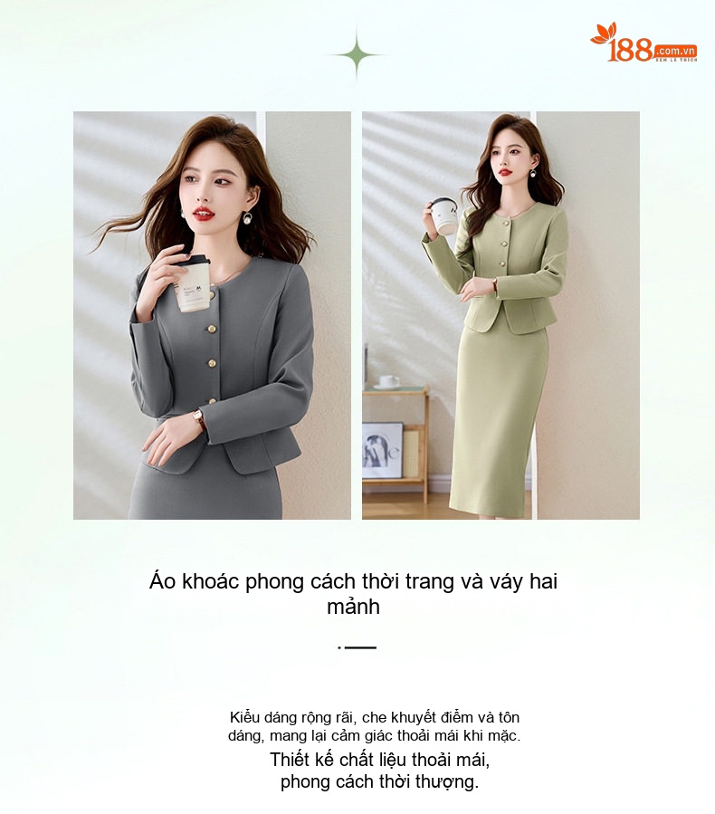 Set Bộ Vest Nữ Áo Blazer Tay Lỡ Chân Váy Bút Chì Công Sở Thanh Lịch Màu Hồng, Xanh, Xám chi tiết 2