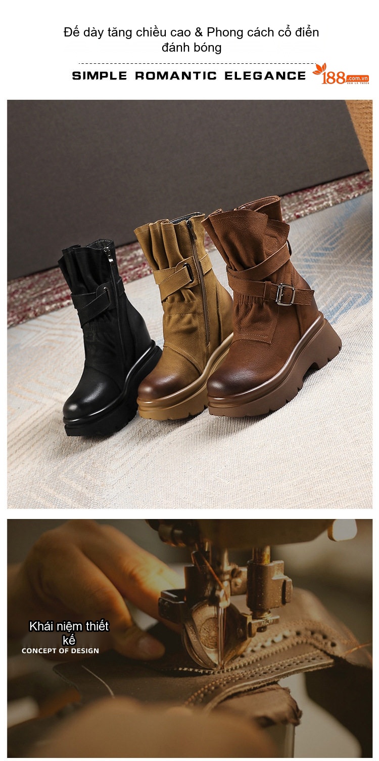 Boot Nữ Cổ Ngắn Khóa Kéo Bên Hông Phong Cách Retro Anh Quốc Chiều Cao Đế Khoảng 10cm Màu Nâu, Đen chi tiết 1