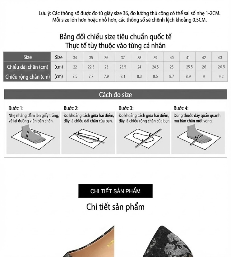 Giày Búp Bê Nữ Vải Hoa Văn Mũi Nhọn Chiều Cao Đế Khoảng 3cm Màu Kem, Đen chi tiết 4