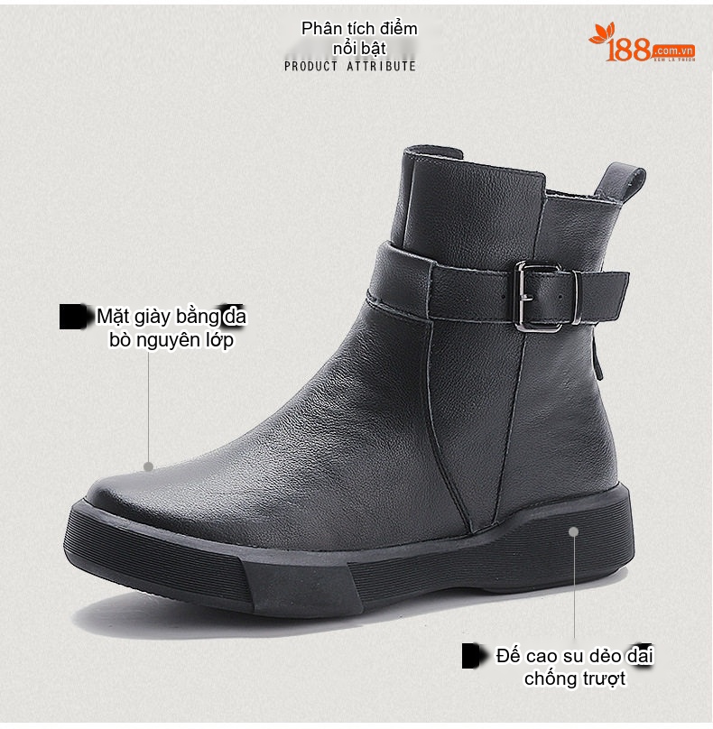 Boot Nữ Da Thật Martin Cổ Ngắn Khóa Đai Phong Cách Anh Chiều Cao Đế Khoảng 3cm Màu Đen chi tiết 3