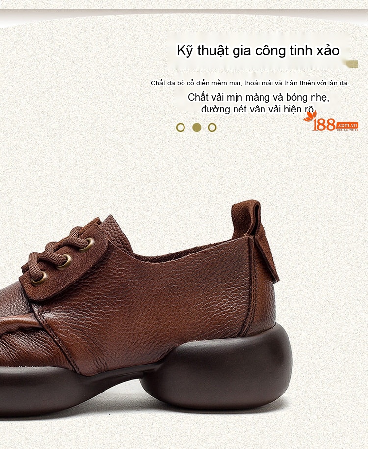 Giày Oxford Nữ Da Bò Buộc Dây Chiều Cao Đế Khoảng 4cm Phong Cách Retro Màu Đen, Nâu chi tiết 4