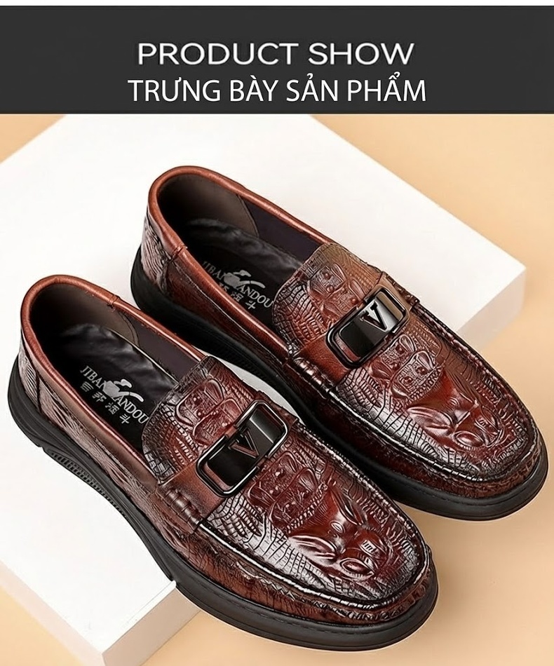 Giày Lười Nam Da Bò Mềm Chiều Cao Đế Khoảng 3cm Màu Nâu, Đen chi tiết 8