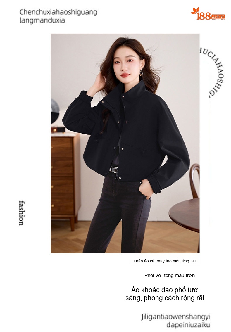 Áo Khoác Bomber Nữ Kiểu Dáng Croptop Cổ Trụ Tay Bồng Màu Đỏ Angola, Đen chi tiết 4
