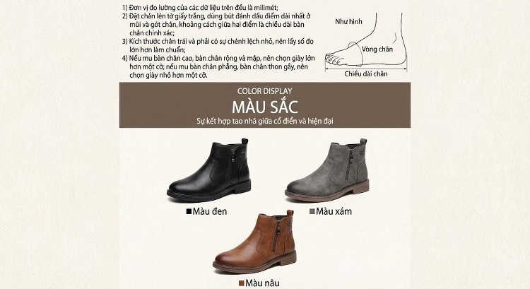 Giày Boot Nữ Cổ Thấp Da Mờ Đế Bệt Chiều Cao Đế Khoảng 2cm Màu Đen, Nâu, Xám chi tiết 2