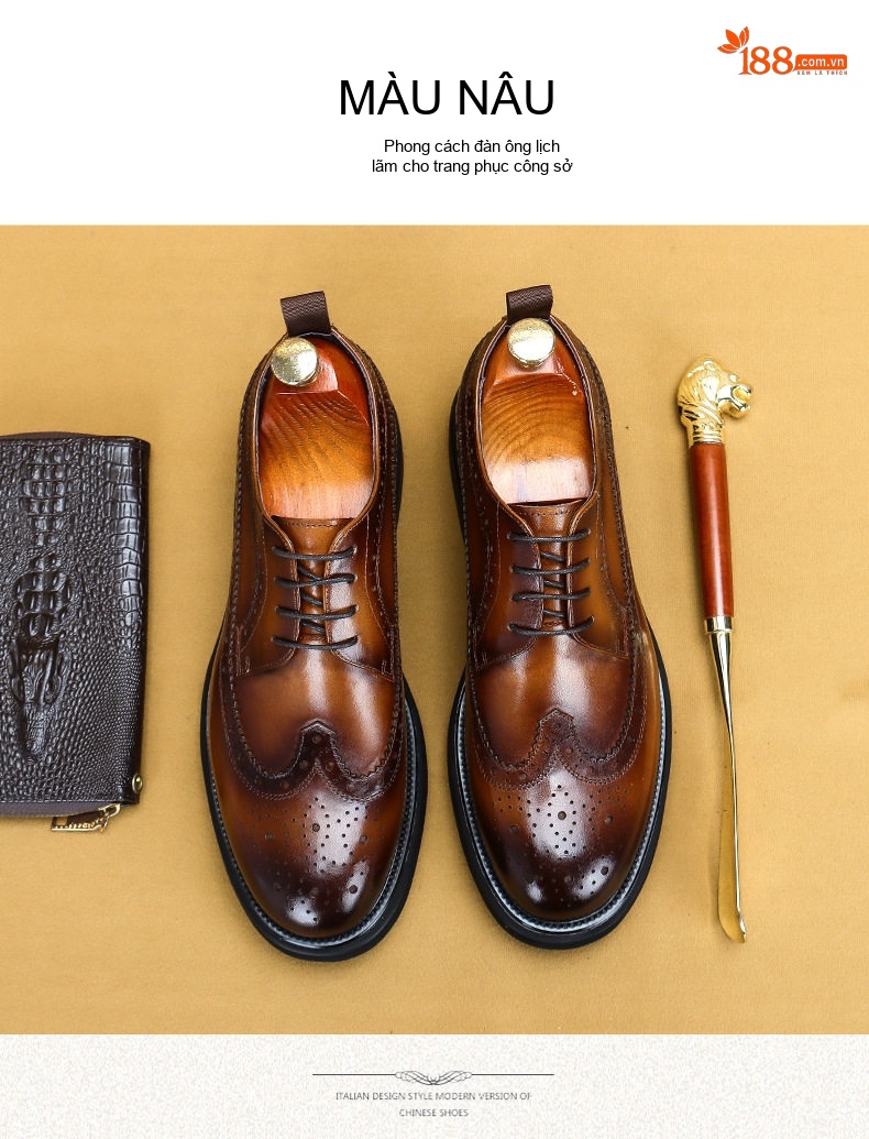Giày Tây Brogue Nam Da Thật Lót Lông Chiều Cao Đế Khoảng 3.5cm Màu Đen, Nâu chi tiết 12