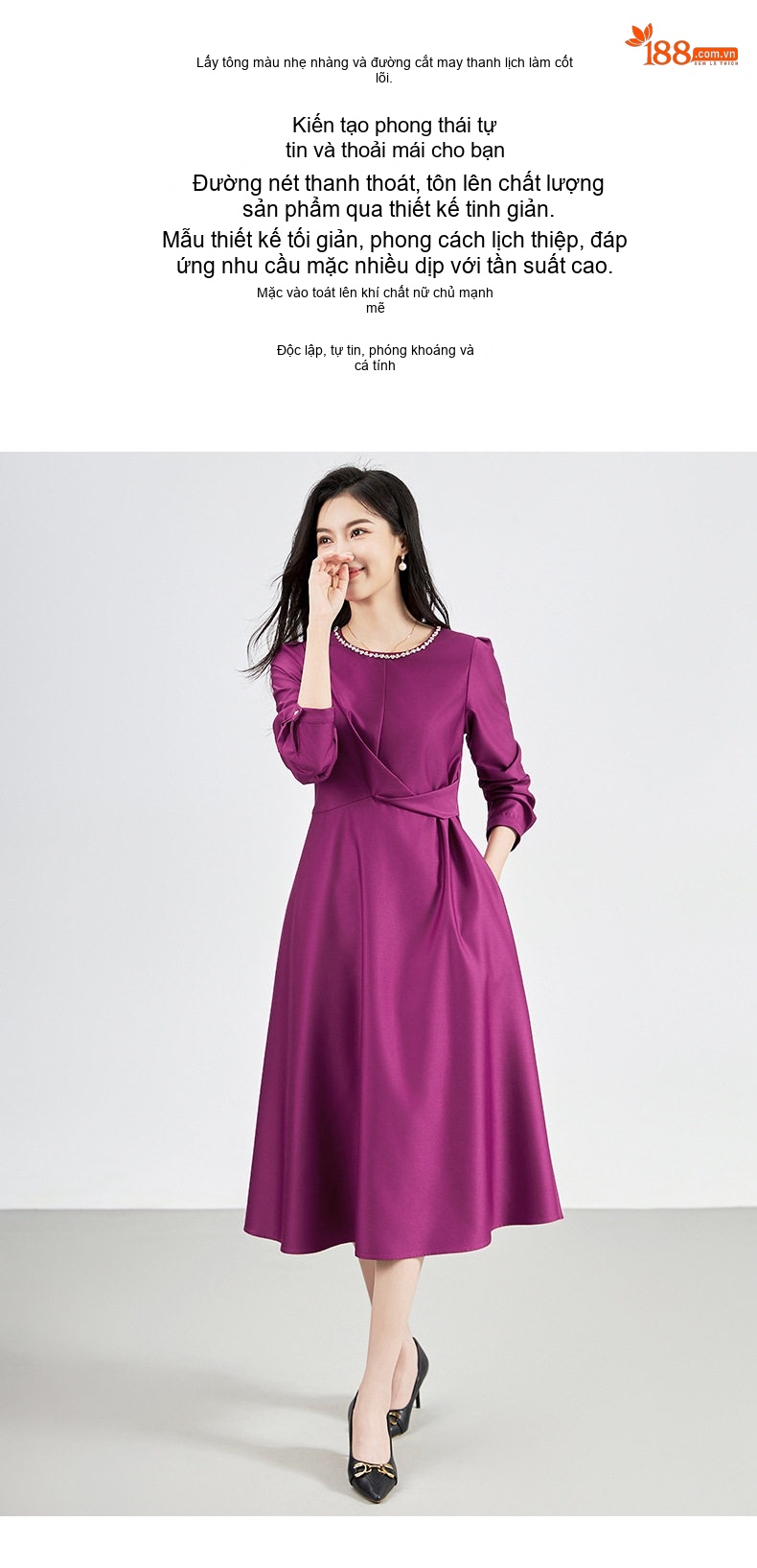 Váy liền thân Nữ dáng chữ A Tay Dài Lụa Gấm Định Cườm Thắt Eo Màu Tím chi tiết 3