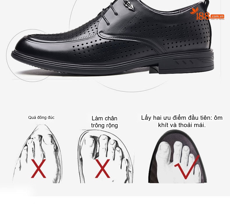 Giày Tây Buộc Dây Nam Da Bò Lớp Đầu Chiều Cao Đế Khoảng 3cm Màu Đen chi tiết 15