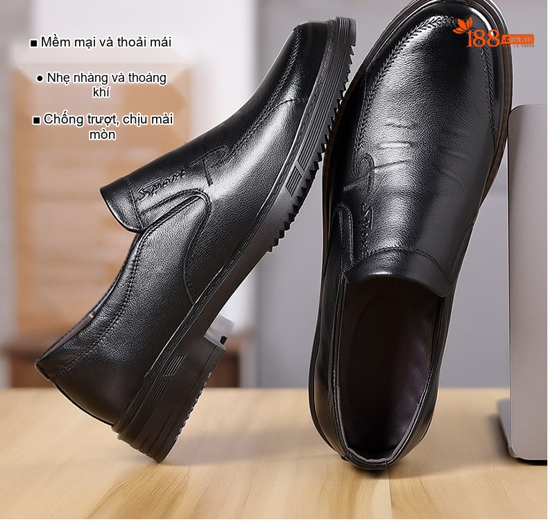 Giày Tây Buộc Dây Nam Da Bò Chiều Cao Đế Khoảng 3cm Màu Đen chi tiết 4