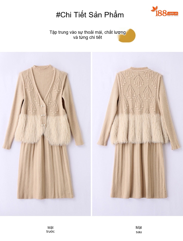 Set Áo Gile Lông Cừu Non Cổ chữ V Đính Cúc và Đầm Dệt Kim Liền Thân Nữ Màu Be, Xám, Nâu, Đỏ... chi tiết 27