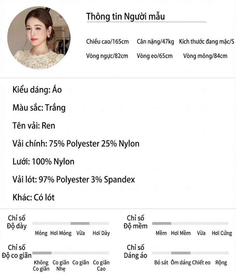 Áo Ren Nữ Tay Ngắn Cổ Tròn Ôm Dáng Màu Trắng Kem chi tiết 2