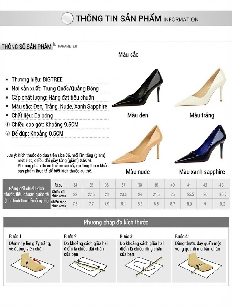 Giày Cao Gót Nữ Da Bóng Mũi Nhọn Thanh Lịch Chiều Cao Đế Khoảng 7cm Màu Đen, Kem, Nude, Xanh Navy... chi tiết 1