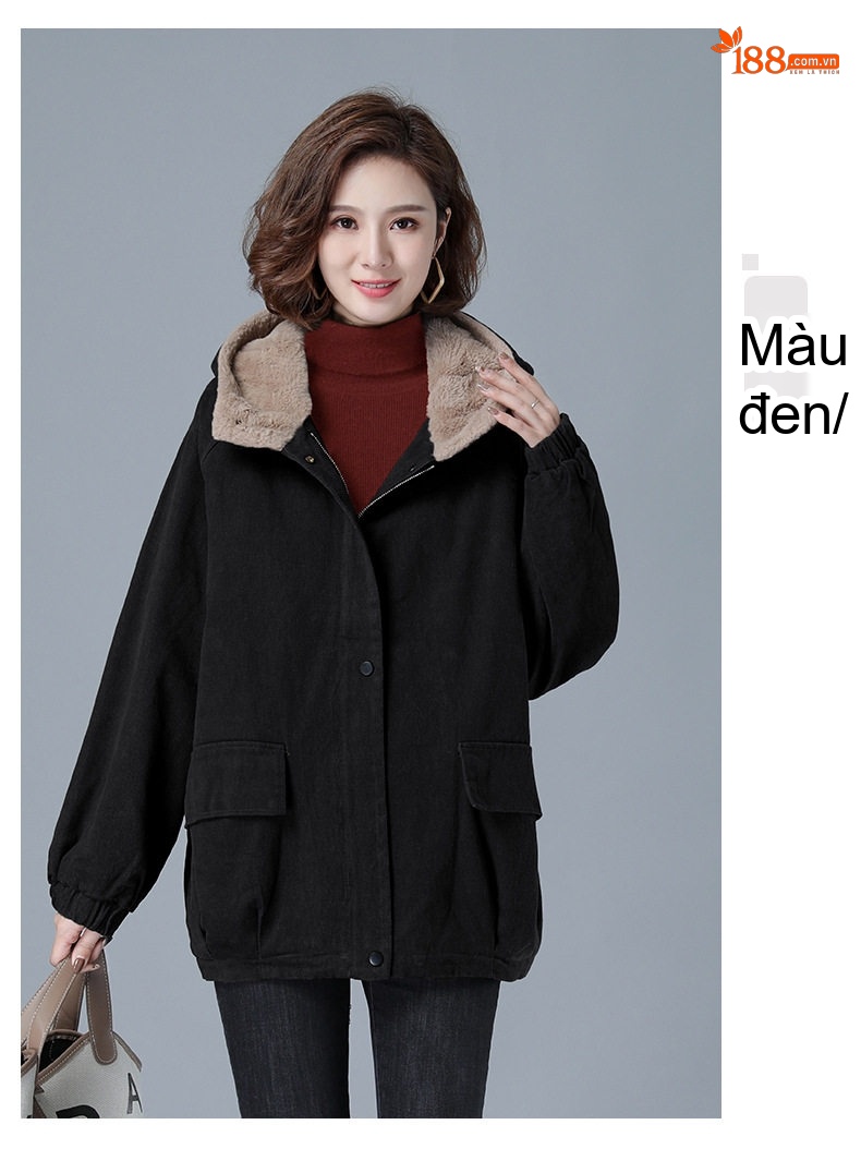 Áo Khoác Nữ Cotton Lót Lông Cừu Non Dày Dặn Có Mũ Trùm Đầu Màu Đỏ, Nâu, Đen chi tiết 9