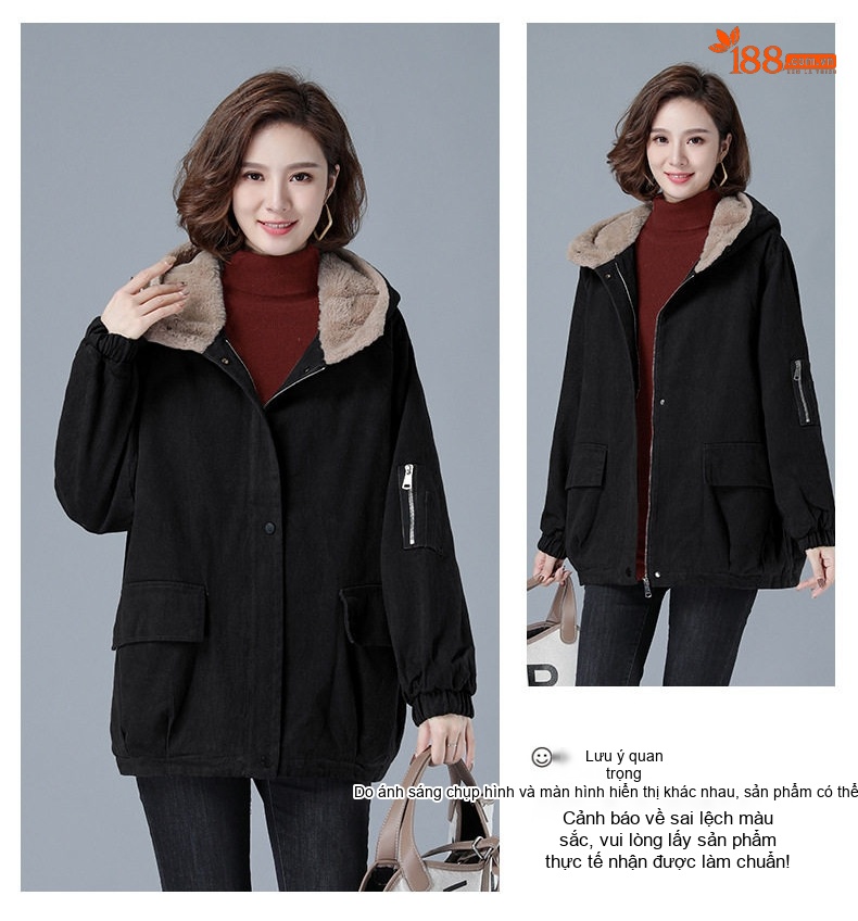 Áo Khoác Nữ Cotton Lót Lông Cừu Non Dày Dặn Có Mũ Trùm Đầu Màu Đỏ, Nâu, Đen chi tiết 10