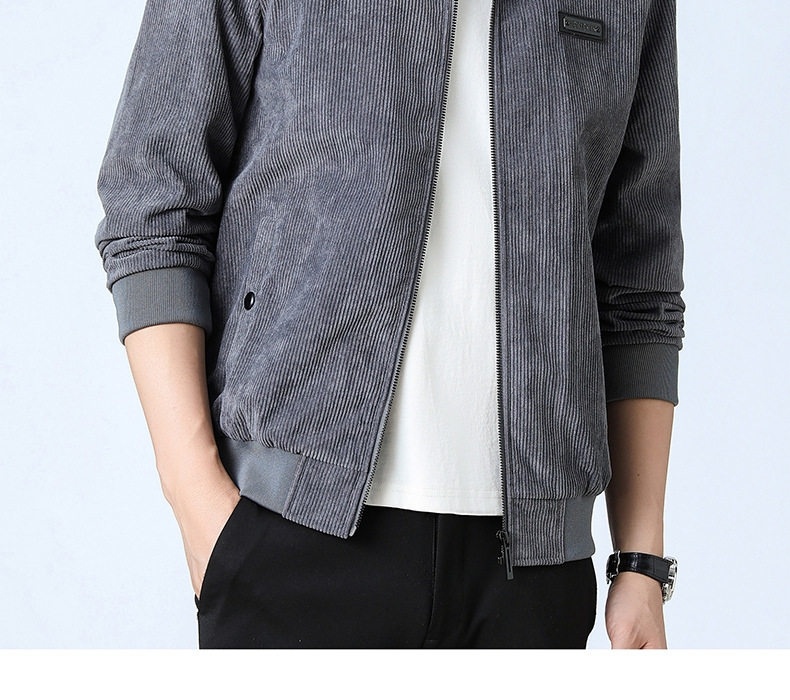 Áo Khoác Bomber Nam Vải Nhung Gân Dáng Rộng Cổ Trụ Lót Lông Màu Đen, Nâu, Xám chi tiết 11