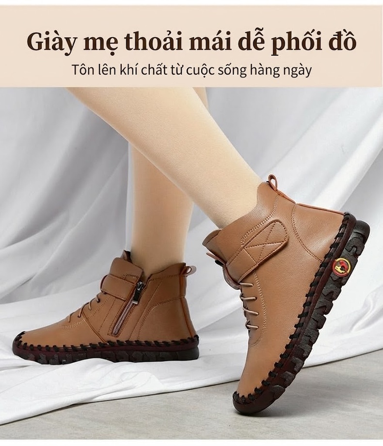 Giày Cao Cổ Nữ Lót Lông Giữ Ấm Chiều Cao Đế Khoảng 3cm Màu Kem, Đen, Đỏ, Nâu chi tiết 25