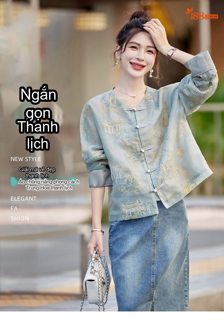 Áo Khoác Quốc Phong Nữ Thêu Họa Tiết Dáng Rộng Tay Lỡ Cổ Tàu Màu Xanh, Trắng chi tiết 1