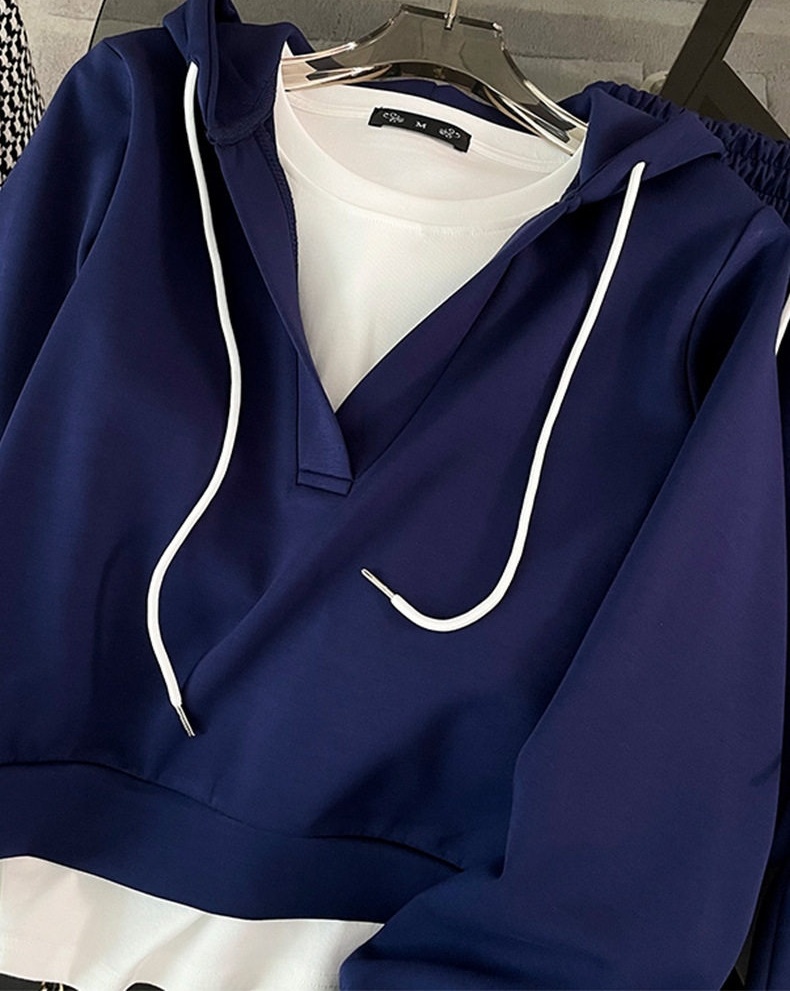 Set Bộ Nữ Áo Hoodie Tay Dài Cổ Chữ V Quần Ống Rộng Phong Cách Hàn Quốc Màu Đen, Xanh Navy chi tiết 6