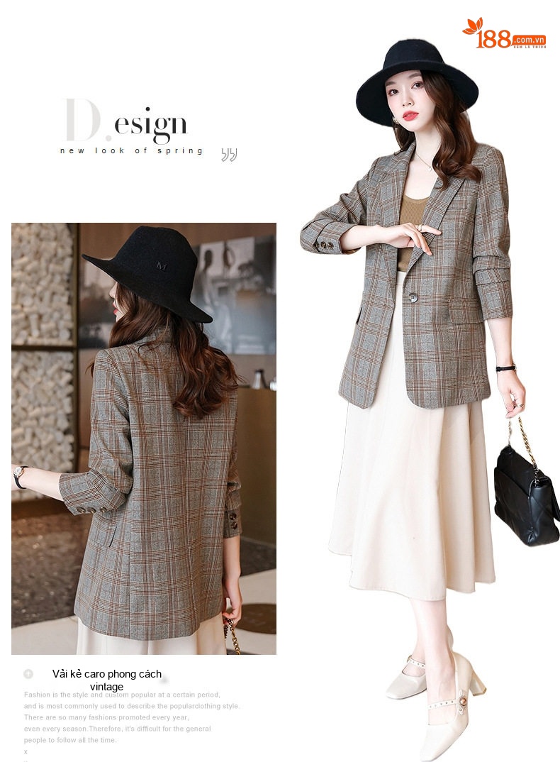 Áo Khoác Blazer Nữ Kẻ Ô Một Nút Phong Cách Thời Trang Thanh Lịch chi tiết 5