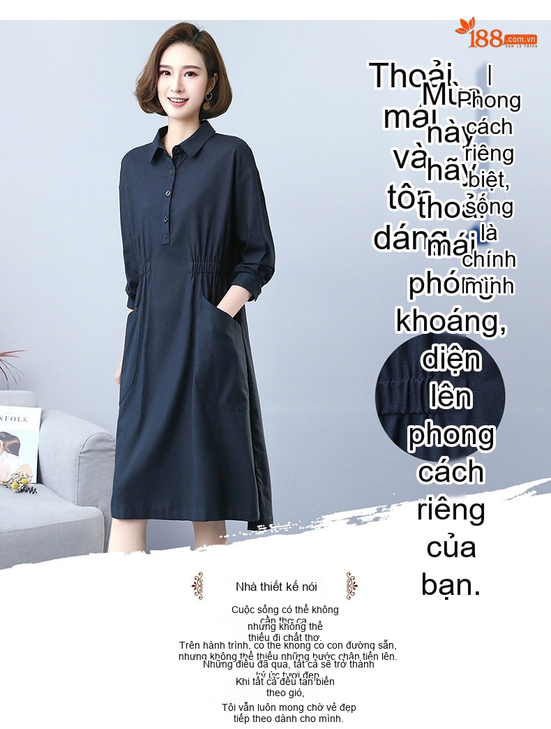 Váy Dài Tay Cotton Linen Dáng Suông Che Bụng Phong Cách Casual Màu Xanh Rêu, Đen chi tiết 1
