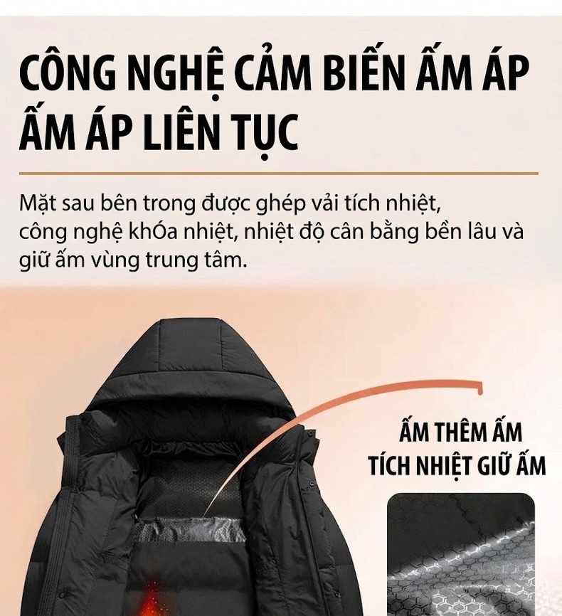 Áo Khoác Phao Nam Dáng Dài Có Mũ Trùm Đầu 90% Lông Vịt Trắng Dày Dặn Giữ Ấm Màu Đen, Kem chi tiết 10