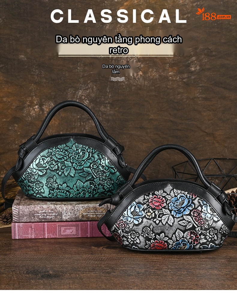 Túi Xách Tay Nữ Da Bò Hoa Văn Phong Cách Retro, Túi Đeo Vai, Túi Đeo Chéo Màu Đen, Xanh chi tiết 1