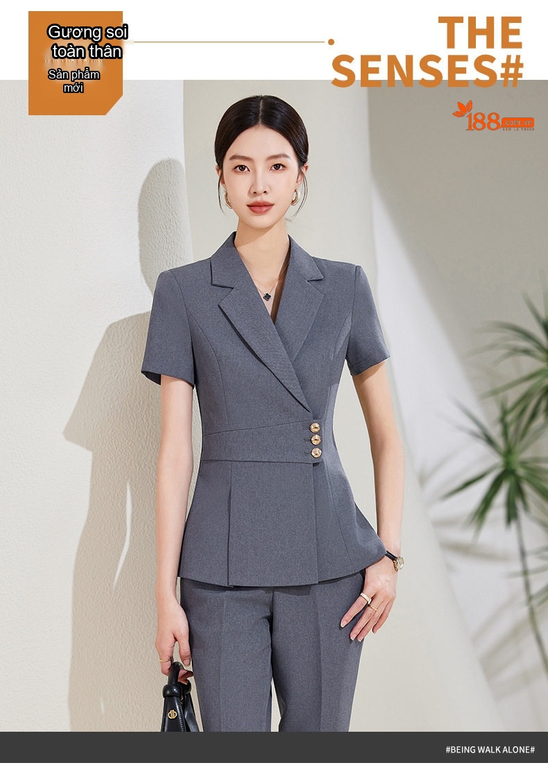 Bộ Vest Công Sở Nữ Tay Ngắn Màu Xanh Navy, Xám, Kem chi tiết 2