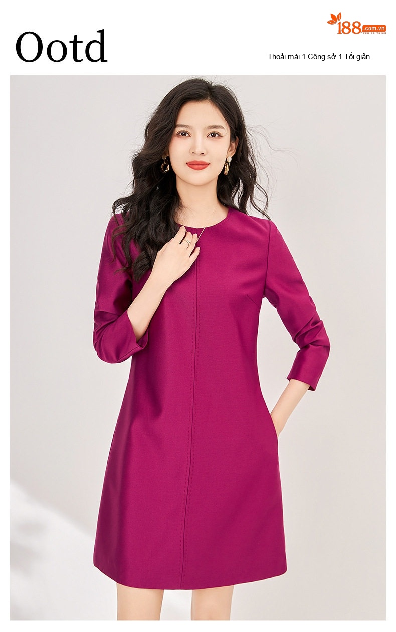 Đầm Liền Nữ dáng chữ A Thanh Lịch Tay Lỡ Phong Cách Công Sở Màu Đen, Hồng, Đỏ Tía chi tiết 1
