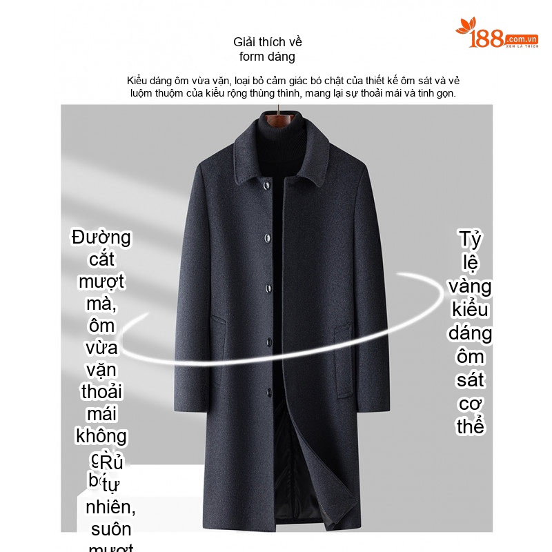 Áo Khoác Dạ Nam Trung Dài Woolen Phong Cách Business Casual Màu Xám Đậm