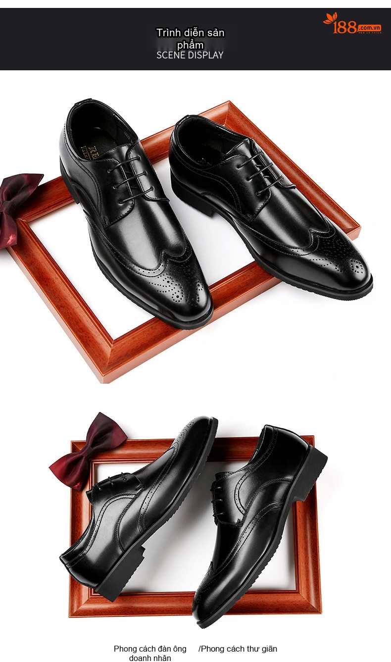 Giày Tây Buộc Dây Nam Da Bóng Brogue Chiều Cao Đế Khoảng 3cm Màu Đen, Nâu chi tiết 14