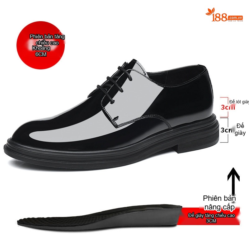 Giày Tây Buộc Dây Nam Da Bóng Chiều Cao Đế 6cm Màu Đen