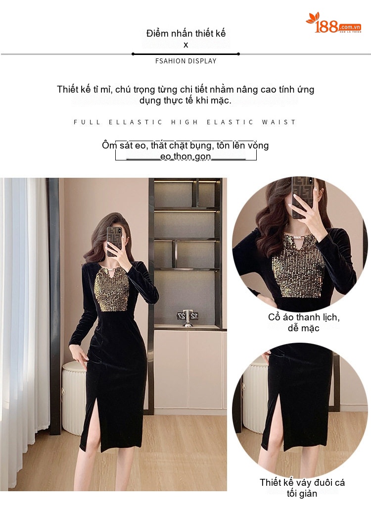 Váy liền thân Nữ Kim Tuyến Nhung Pháp Ôm Dáng Xẻ Tà Màu Đen chi tiết 2