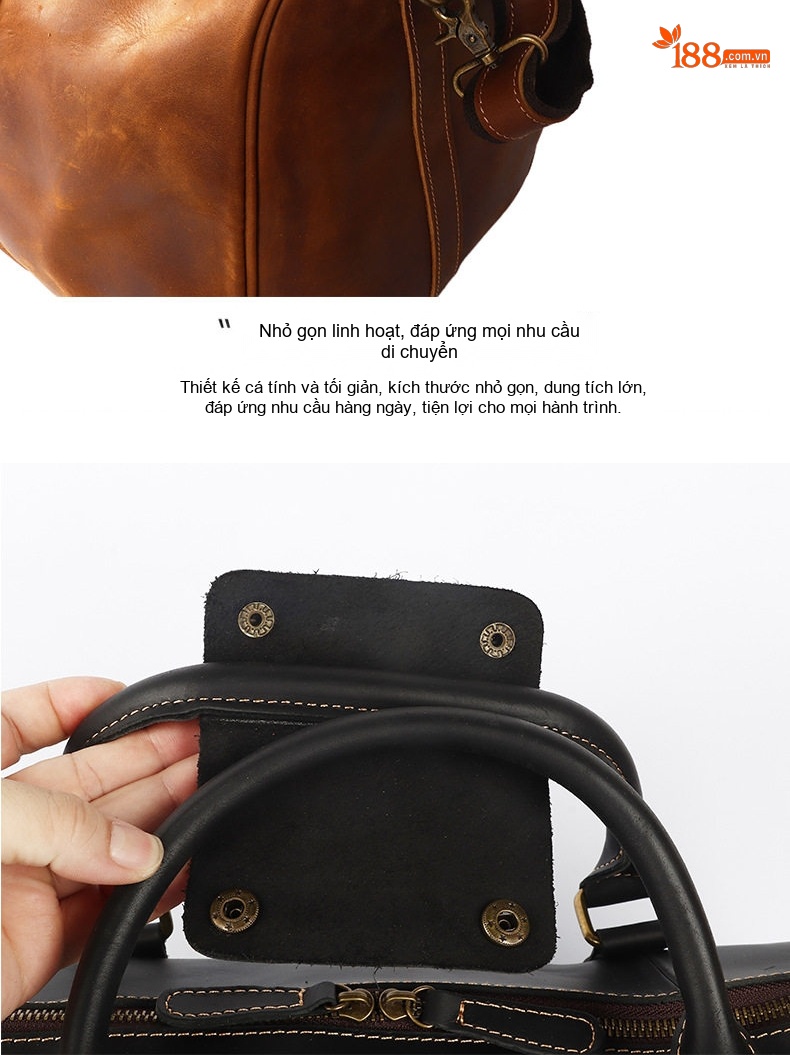 Túi Du Lịch Nam Da Bò Đầu Lớp Dáng Trống Đeo Chéo Vai Xách Tay Thủ Công Vintage Màu Nâu, Đen chi tiết 7