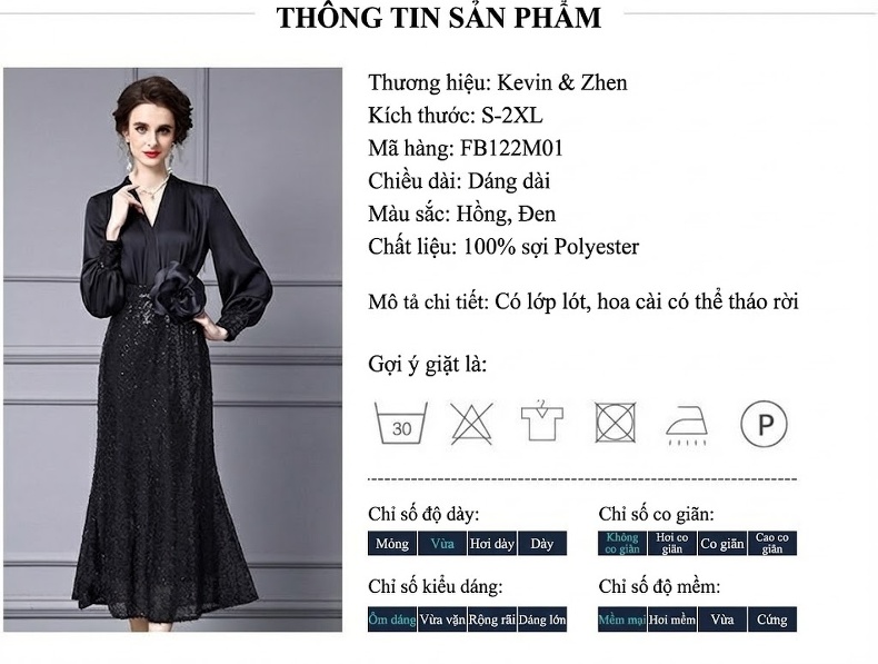 Váy Đầm Dài Tay Dáng Ôm Hoa Đính Kim Sa Cao Cấp Màu Đen chi tiết 18
