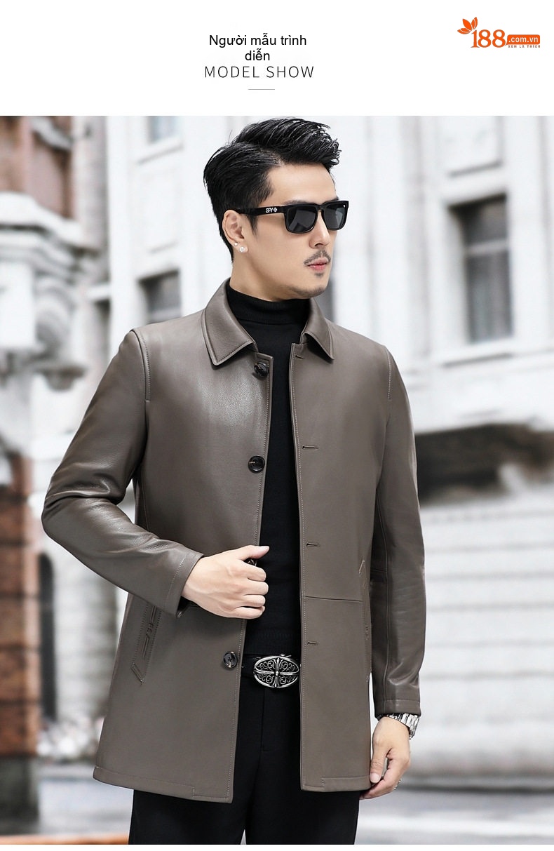 Áo Khoác Da Dài Tay Nam Da Cừu Thật Phong Cách Doanh Nhân Màu Xám chi tiết 8